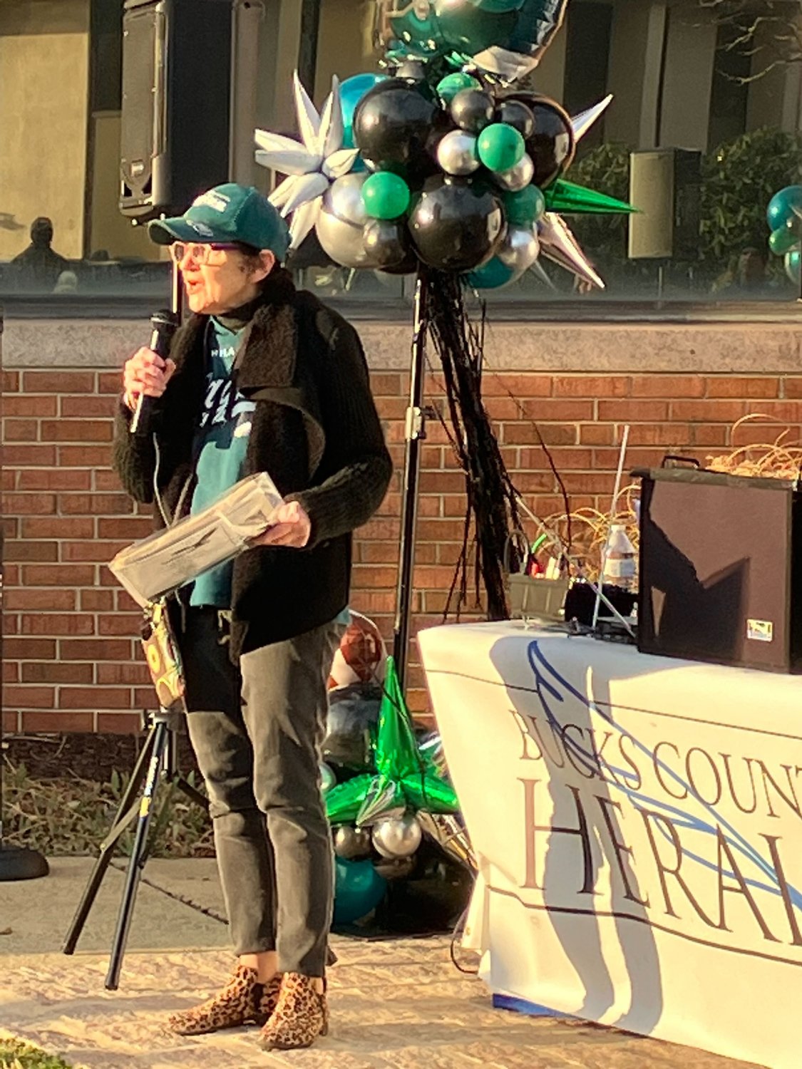 Noni West, Mayor of Doylestown, speaks. Birds fans gathered at the Old County Courthouse Lawn at Court and Main streets in Doylestown for “The Herald’s Road to the Big Game Pep Rally” Friday, Jan. 27, 2023.