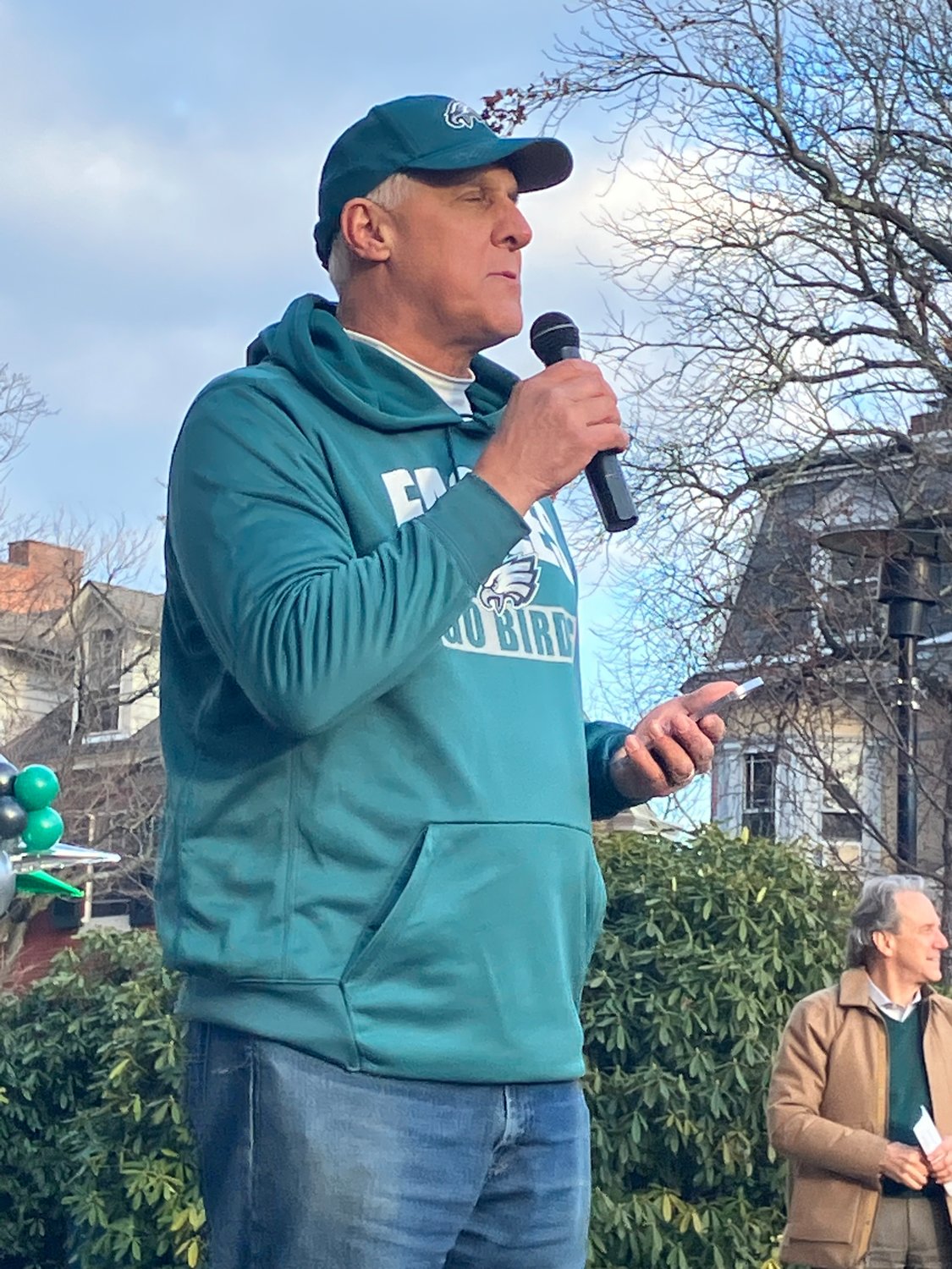 Jeff Hollenbach, Perkasie Mayor and former head Football Coach at Pennridge, speaks at the pep rally. Birds fans gathered at the Old County Courthouse Lawn at Court and Main streets in Doylestown for “The Herald’s Road to the Big Game Pep Rally” Friday, Jan. 27, 2023.