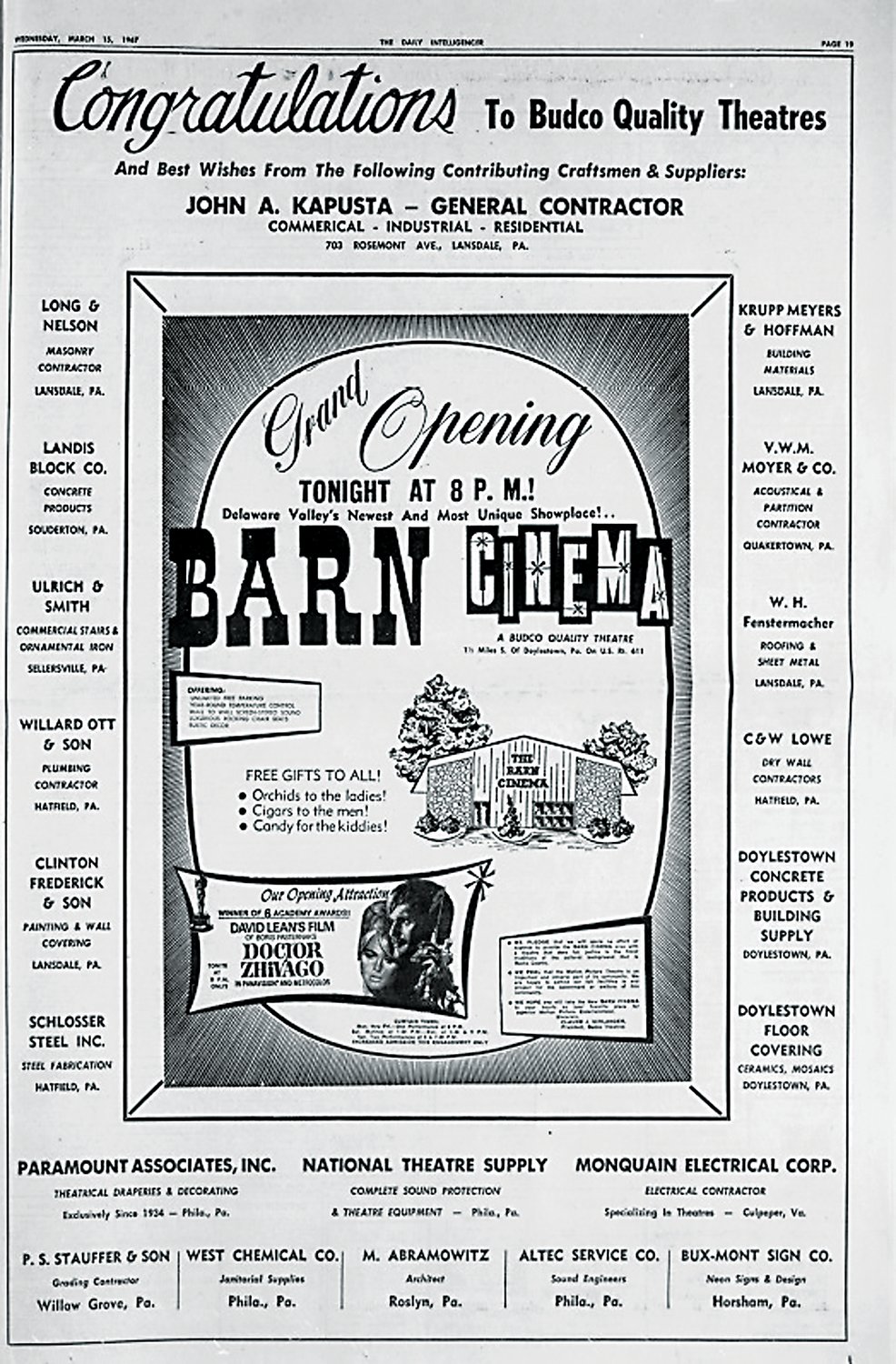 THE DOYLESTOWN HISTORICAL SOCIETY
A full page advertisement ran in The Doylestown Daily Intelligencer on March 15, 1967 to announce the grand opening of the Barn Cinema. It appeared on Page 19.