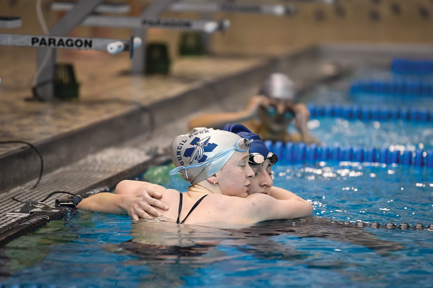 Michael A. Apice
Council Rock North’s Kaitlyn Landers hugs second-place Council Rock South’s Elana Rhoge after winning the 200 individual medley.