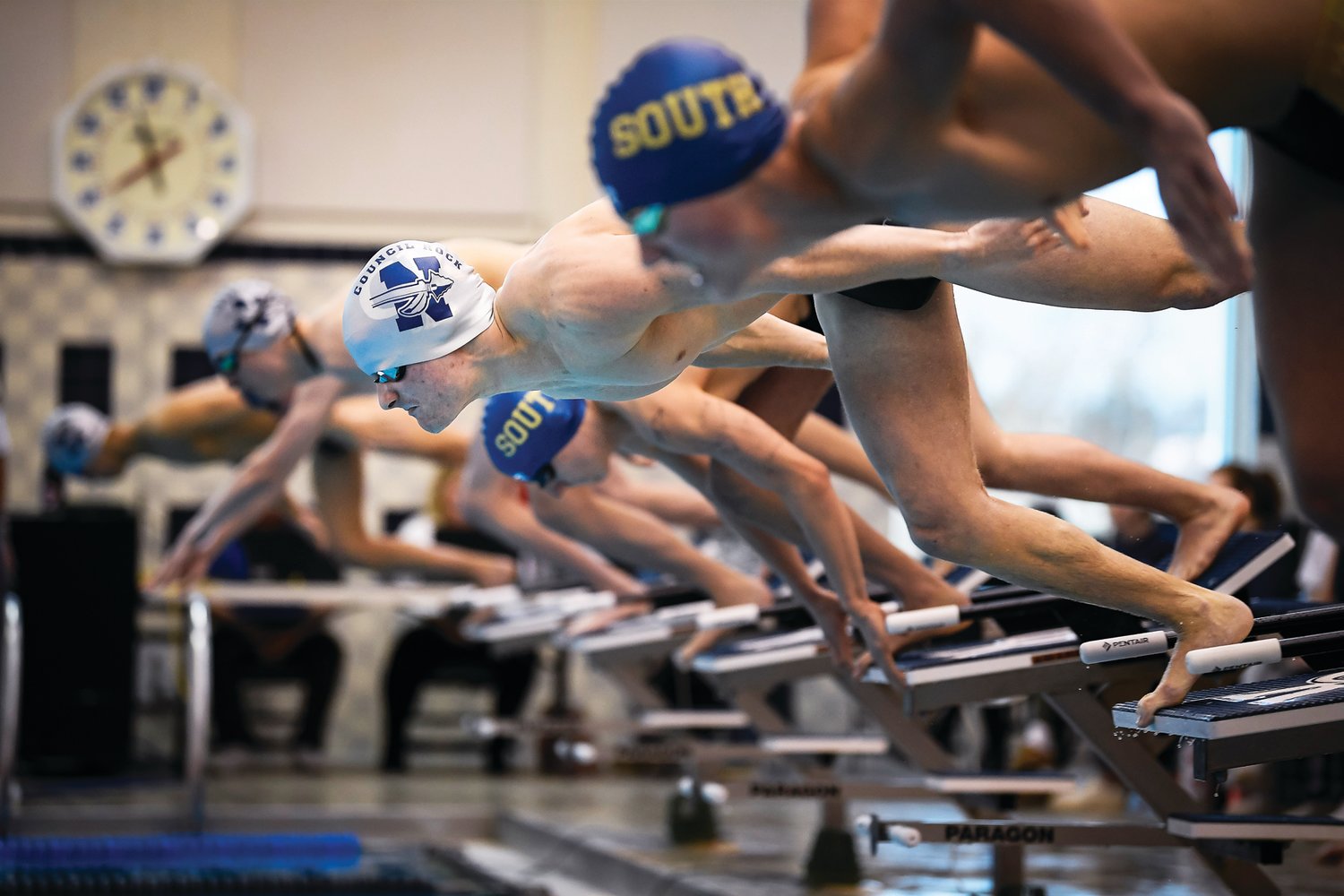 Michael A. Apice
Swimmers take off during the 200-meter freestyle.