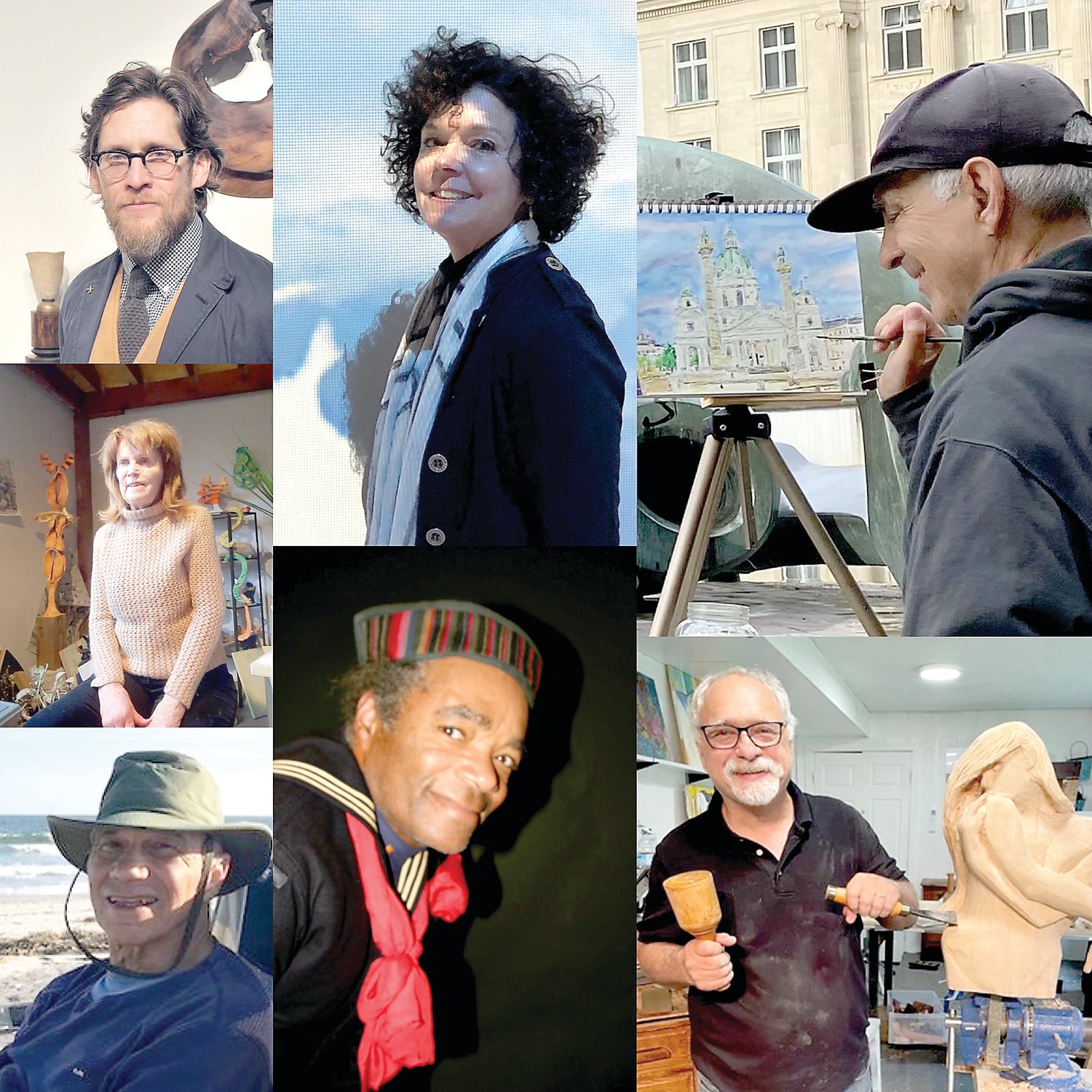Featured artists, clockwise from upper left, are: C.T. Bray, assemblage creator; Hollis Bauer, jewelry designer; Mike Mann, impressionist/realist painter; Bob Liana, leather/wood sculptor; Danny (Jette) Sailor, surreal photographer; Eugene Patti, abstract/realist painter; and Ruth Jourjine, ceramic sculptor.