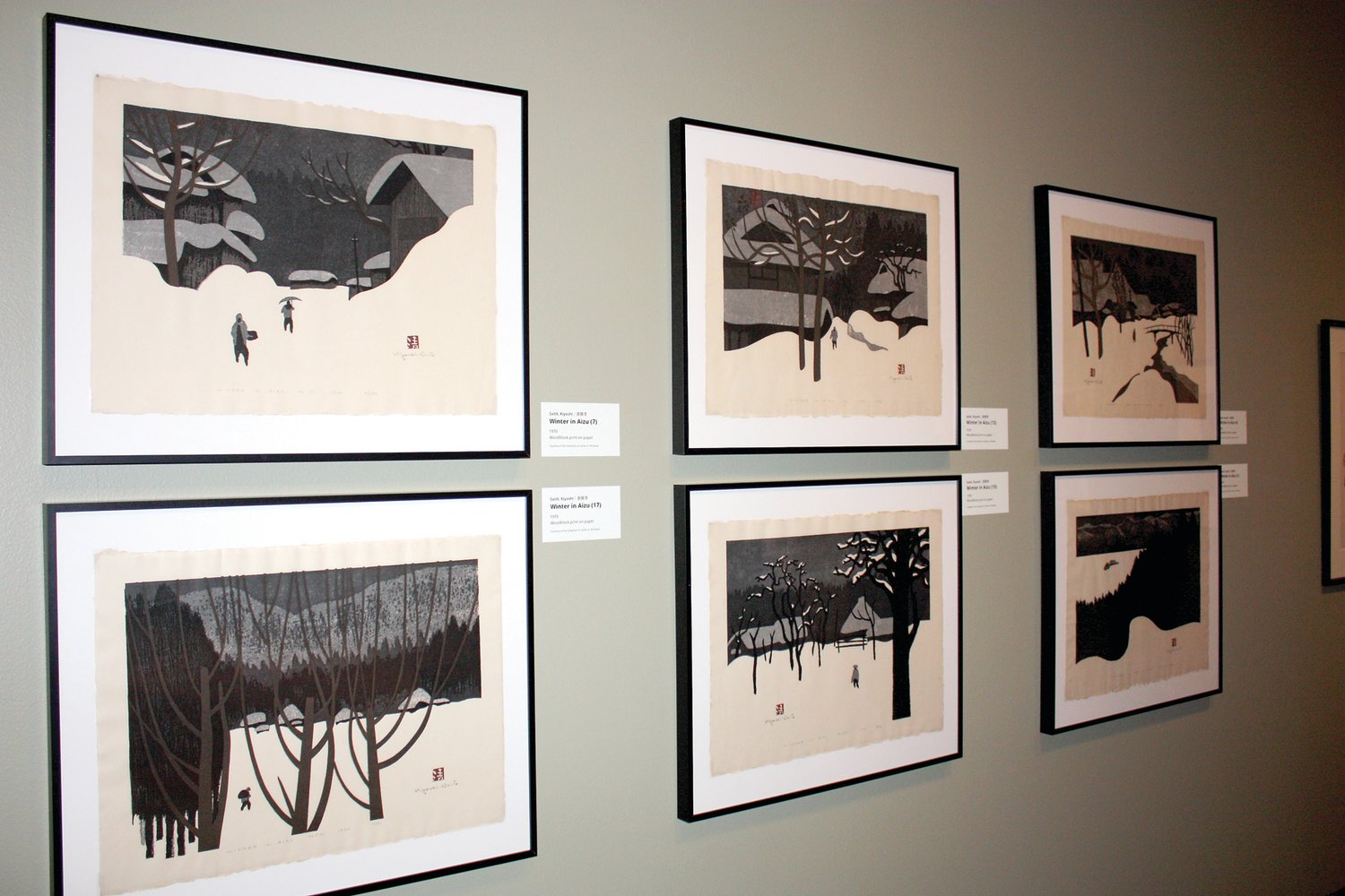 On display at the Michener Art Museum are six of  the 115 prints from Saito Kiyoshi’s “Winter in Aizu” series, depicting the winter landscape in the region where he was born.