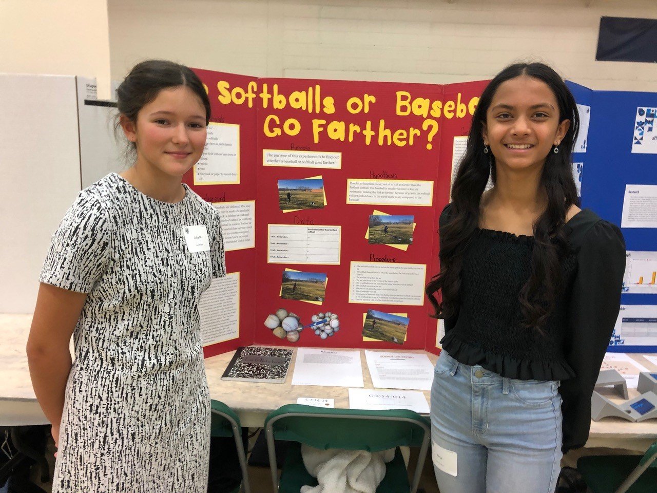 Juliana Gatt and Nirja Patel, who attend Sol Feinstone Elementary School in Upper Makefield, clearly show through their project that baseballs go farther than softballs because of their internal makeup.