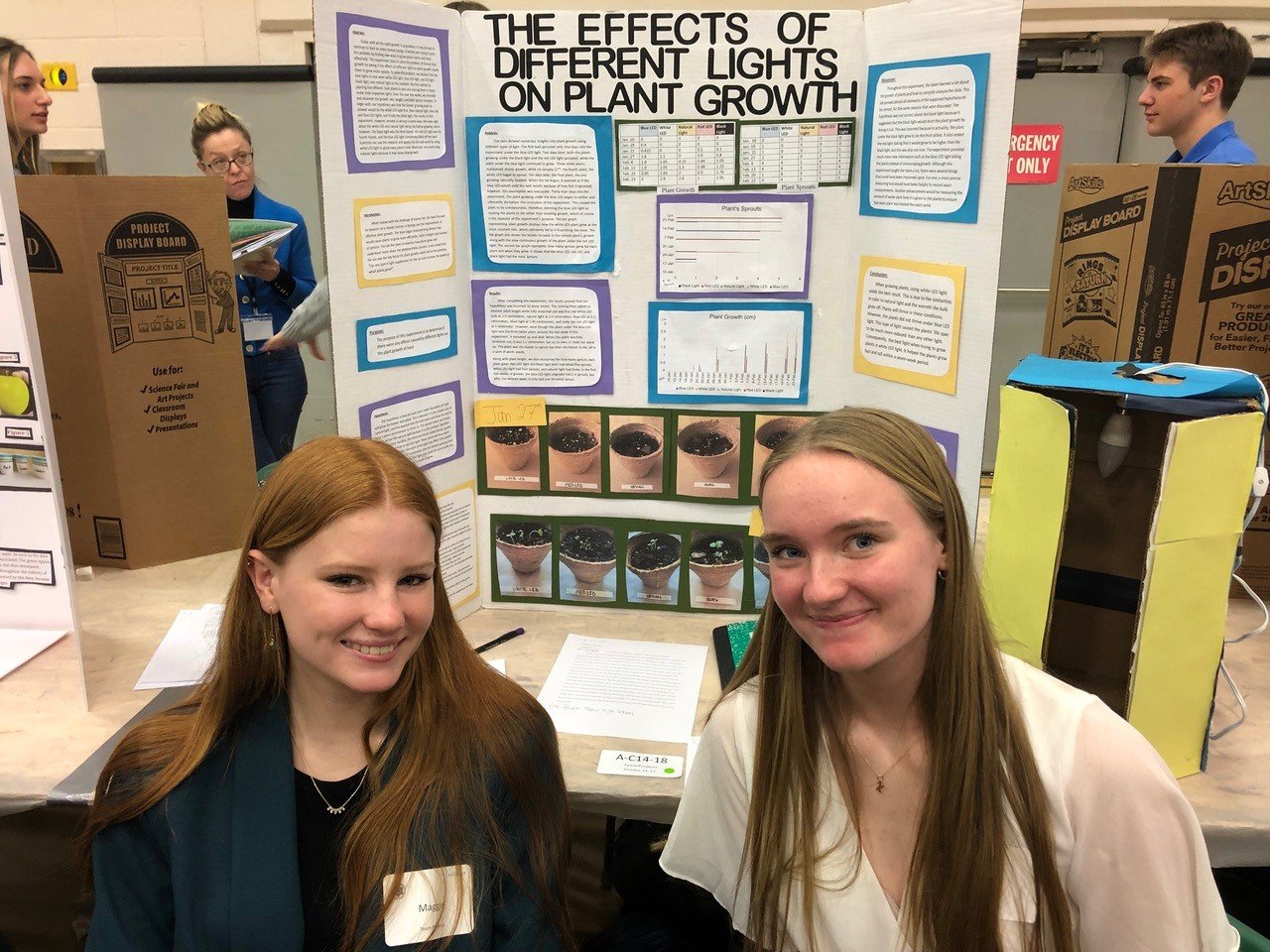Kaitlin Angelucci and Maggie Perri, 11th graders at Villa Joseph Marie in Northampton Township, researched the effects of different lights on plant growth for the Bucks County Science and Research Competition, held last weekend at Delaware Valley University.