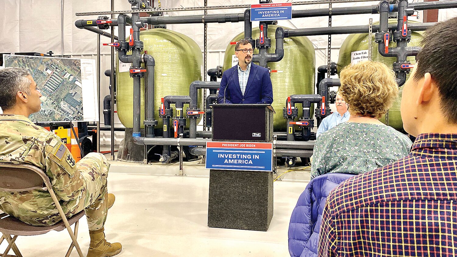 EPA Mid-Atlantic Regional Administrator Adam Ortiz addresses the audience gathered at the new groundwater treatment plant for the Chem-Fab Superfund Site on North Broad Street in Doylestown Township.