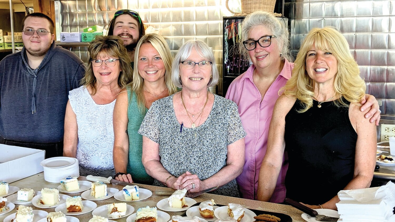 From left: Jacob Stephenson, dishwasher; Patti Kerr, former employee; Brad Benner, host; Jodie Vincent, waitress; Jo Ann Kerr; Pat Courtney; Rachelle Alderfer, waitress pose for a photo at the R&S Keystone Diner in Hilltown, which closed last week after 75 years in business.