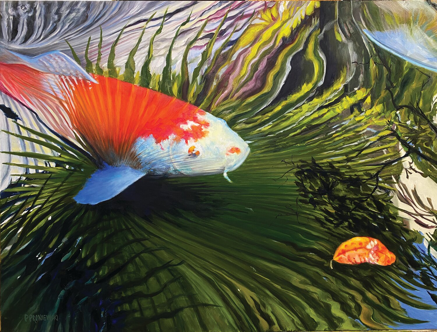 In Pat Proniewski’s “Fishy,” the light of the sky is reflected in the water and shadow allows us to see through the water to the submerged koi and underwater plants.