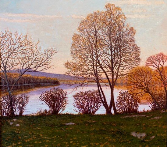 Early Evening Light, Lake Nockamixon, is a 21” x 23” oil painting by Dean F. Thomas.